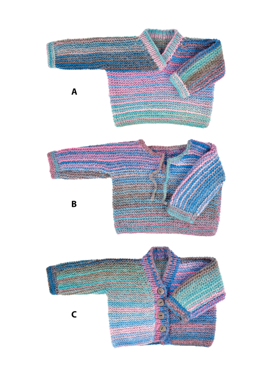 Tre olika rätstickade basplagg till baby